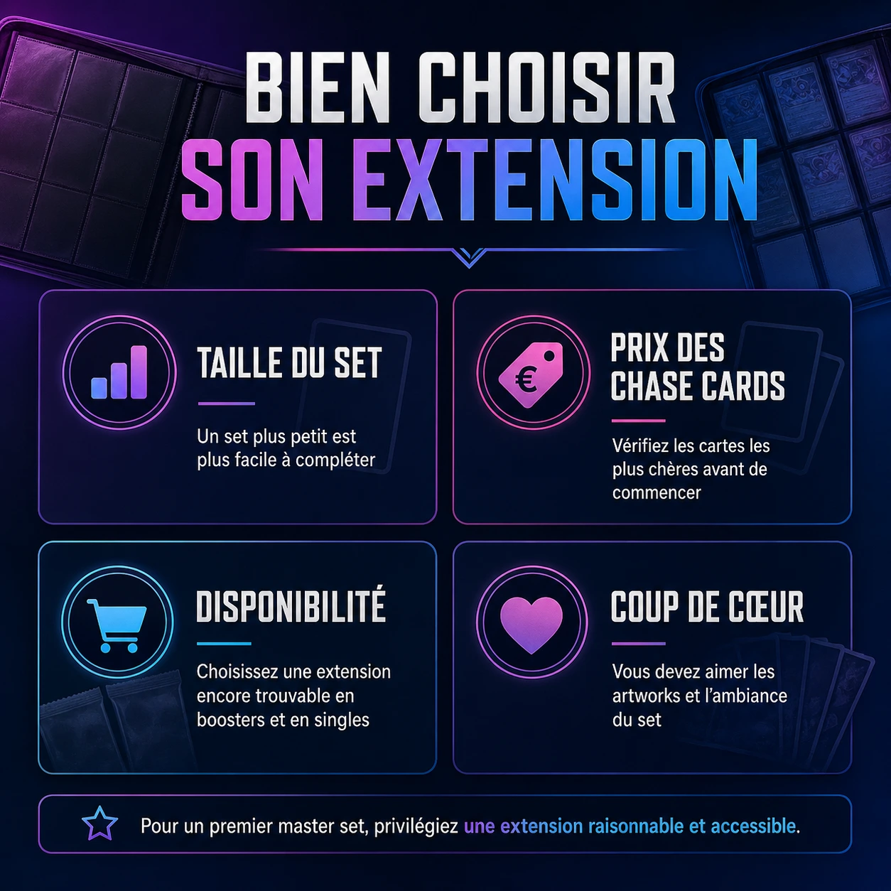 Infographie pour bien choisir son extension avant de commencer un master set Pokémon