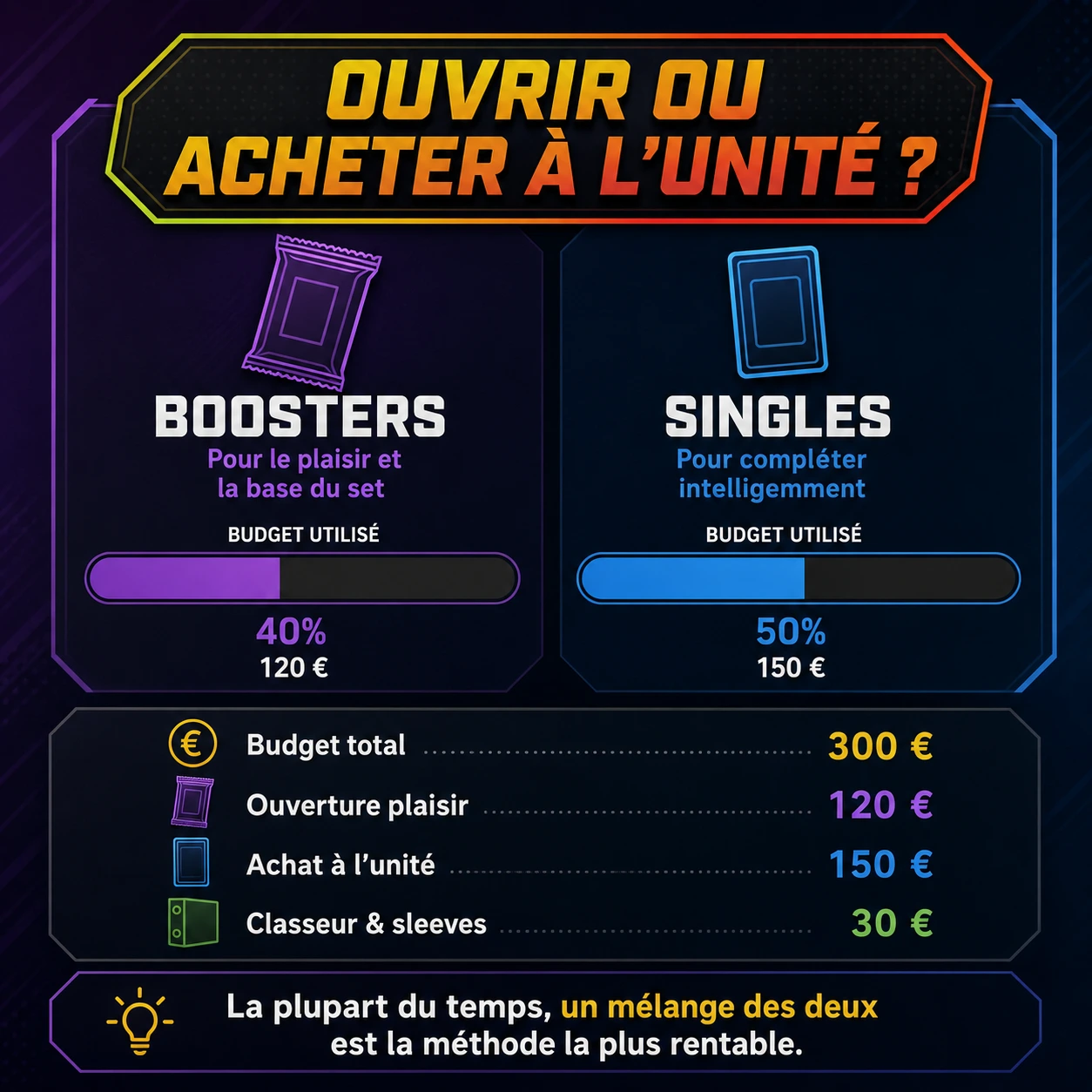 Infographie ouvrir des boosters ou acheter les cartes Pokémon à l’unité